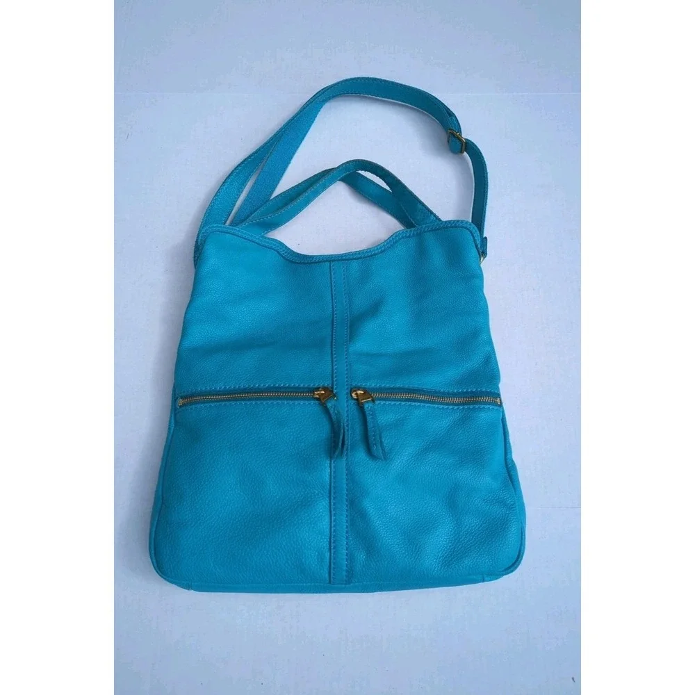 Fossil Erin Tidal Blue Soft Pebbled Leather Fold Over Crossbody Zipper Pockets